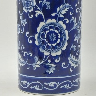 Pier 1 Import Porcelain Mandarin Cobalt Blue White Floral Utensil Holder Vase 8"