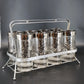 Kimiko Silver Knight Shield Highball Glasses 5.5" Set of 8 Metal Carrier MCM Vtg