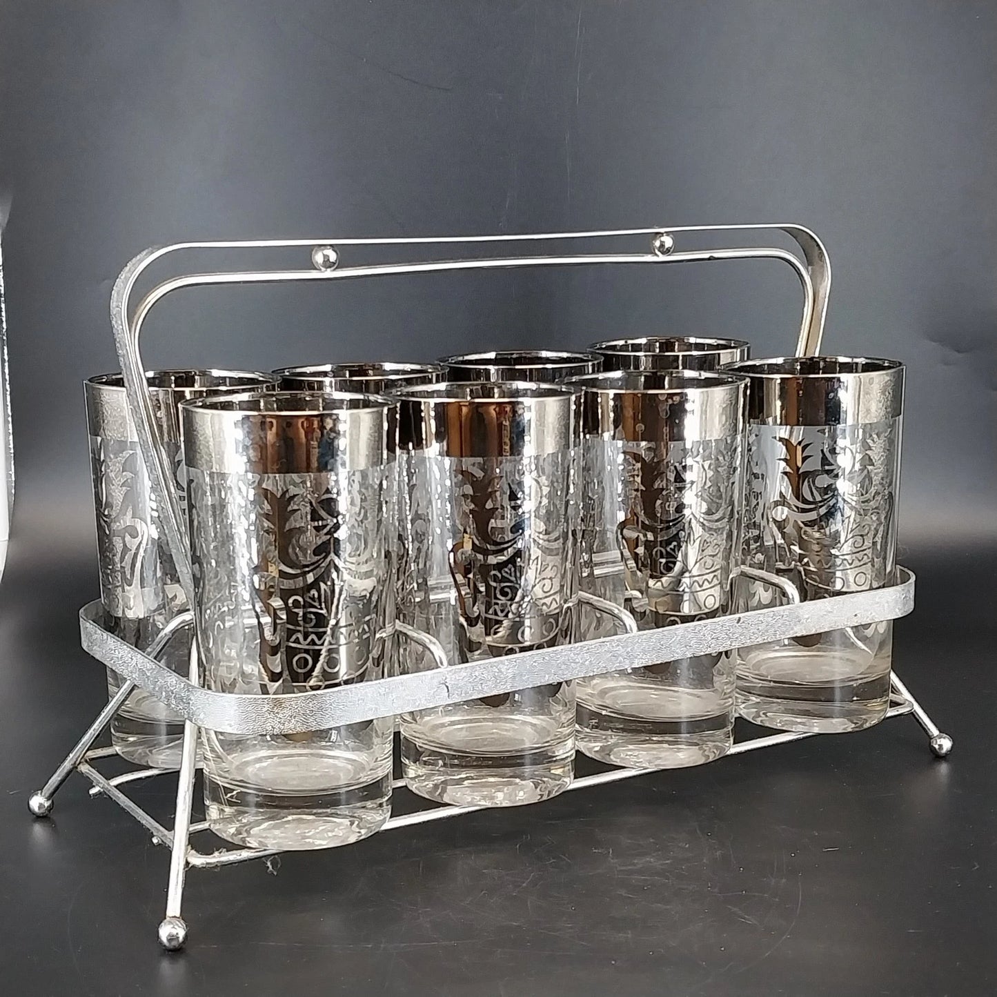Kimiko Silver Knight Shield Highball Glasses 5.5" Set of 8 Metal Carrier MCM Vtg