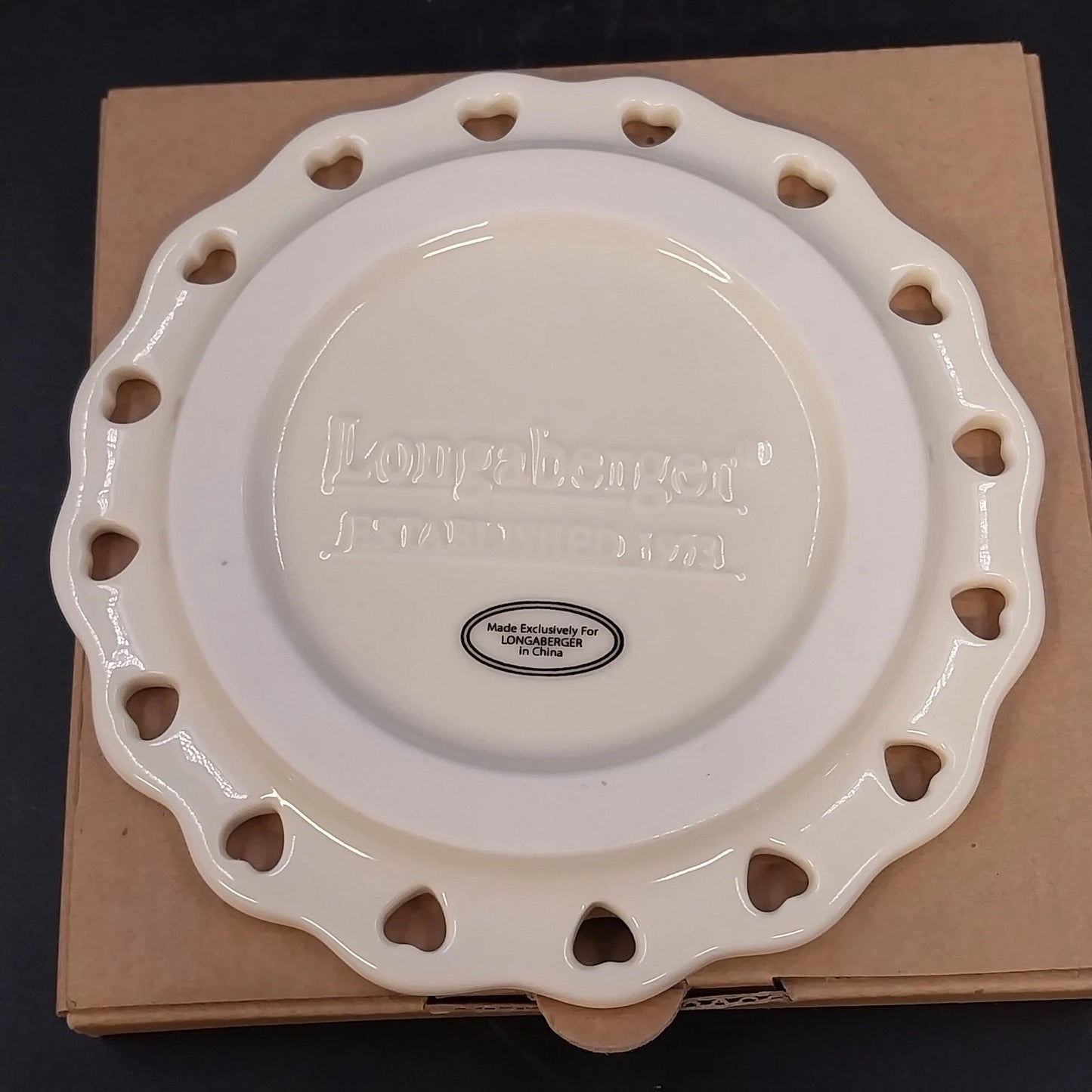 Longaberger Sweetest Heart Candle Plate White Pottery Heart Cutout Floral 6"