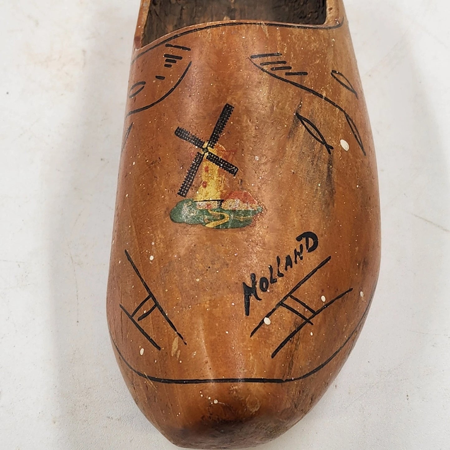 Hand Painted Single Dutch Wooden Clog Shoe Klomp Marked Holland Windmill Varnish