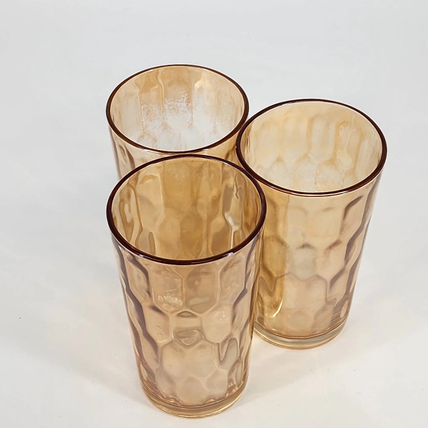 Jeannette Hex Optic Glasses Set of 3 Iridescent Marigold Carnival Glass 5" 8 oz