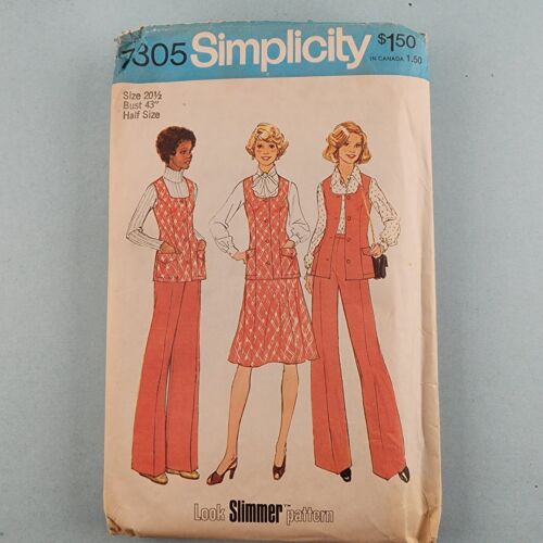 Simplicity 7305 Vintage Sewing Pattern 1970's Vest Skirt Pants in Half Sizes 20½