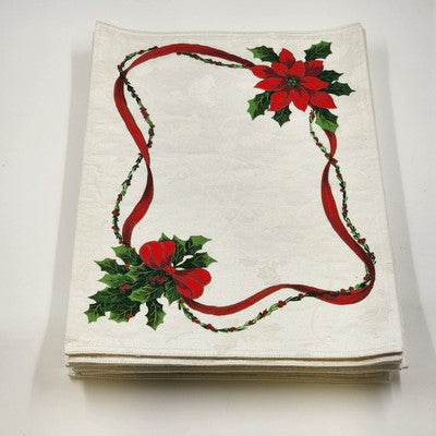 Set of 11 White Damask Placemats 18"x13" Holly Poinsettia Christmas Design