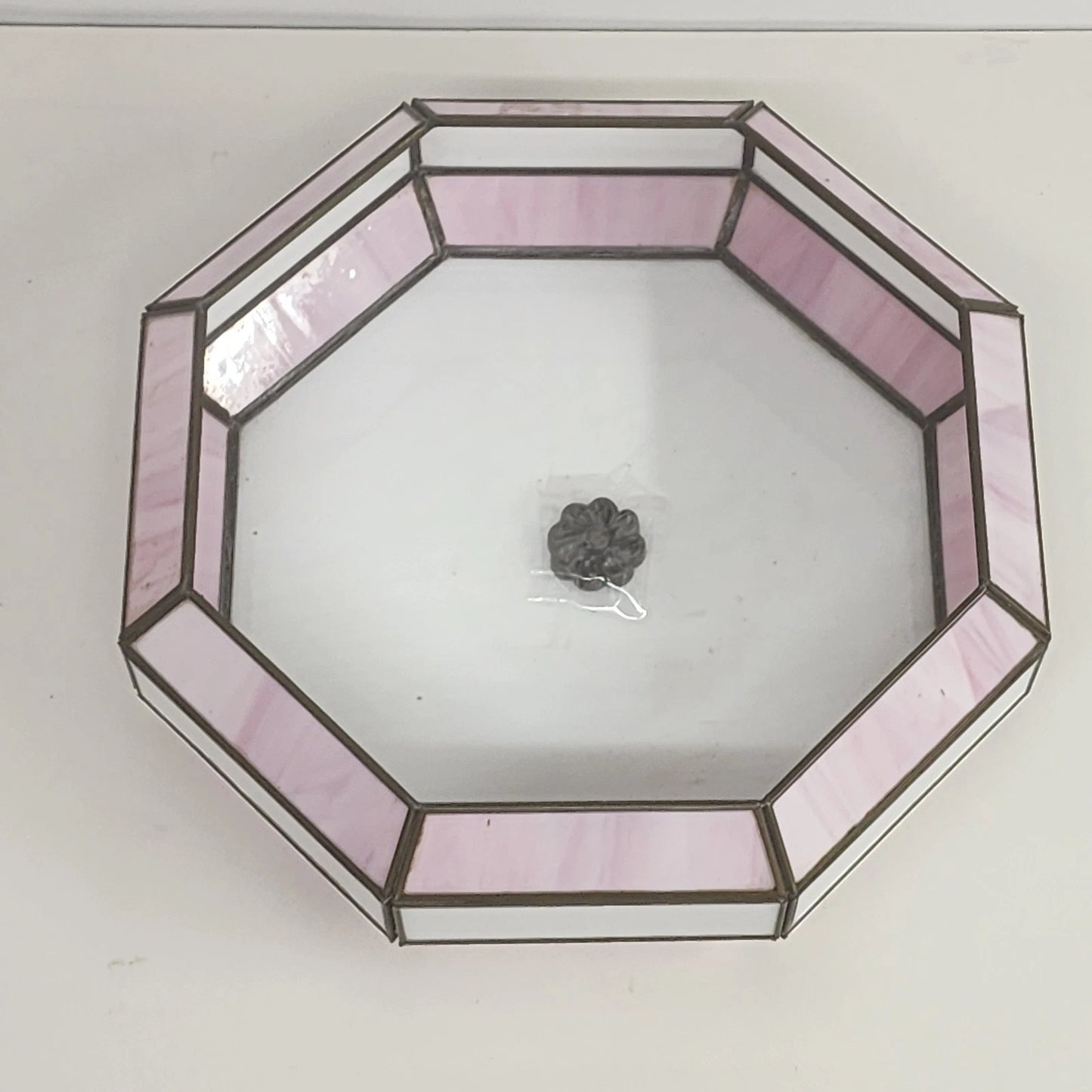 Octagon Leaded Stained Glass Ceiling Lamp Shade Pink White Slag Glass 13”x11"