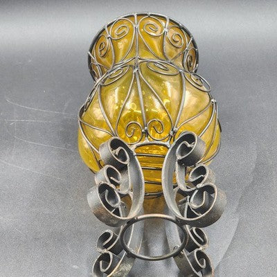 Vintage Amber Glass Caged Centerpiece – 13.5" Hand-Blown Vase or Candle Holder with Metal Footed Base – Rustic Farmhouse Décor
