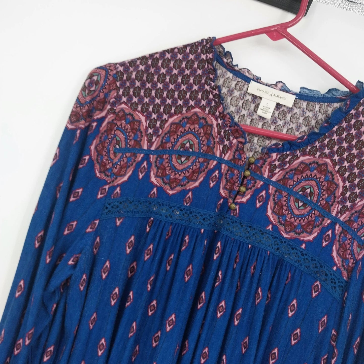 Vintage America Blues Women's Geometric Peasant Top Blue Pink Boho Size L