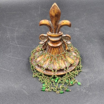 Clear Glass Swirl Decorative Jar w Carved Wood Fleur De Lis Lid & Beaded Chain