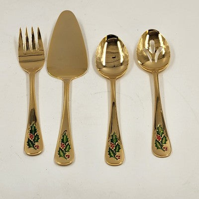 Classic Traditions Hollyberry 4pc Hostess Set Goldtone Xmas Stainless Steel