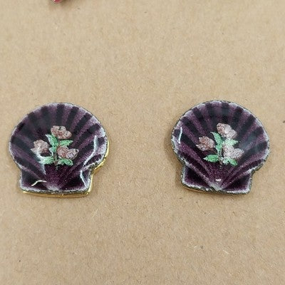 Set of 2 Stud Earrings Gold & Silver Tone Floral Shell Red Triangle Vtg