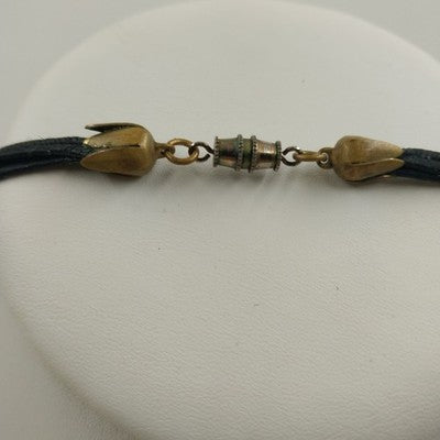 White Glass Beads w Gold Tone & Black Disks in Black Cording Long Necklace 15"