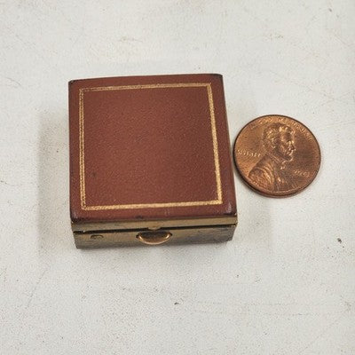 Tan Pill Box Trinket Jewelry Faux Leather Top & Bottom Gold Metal Finish
