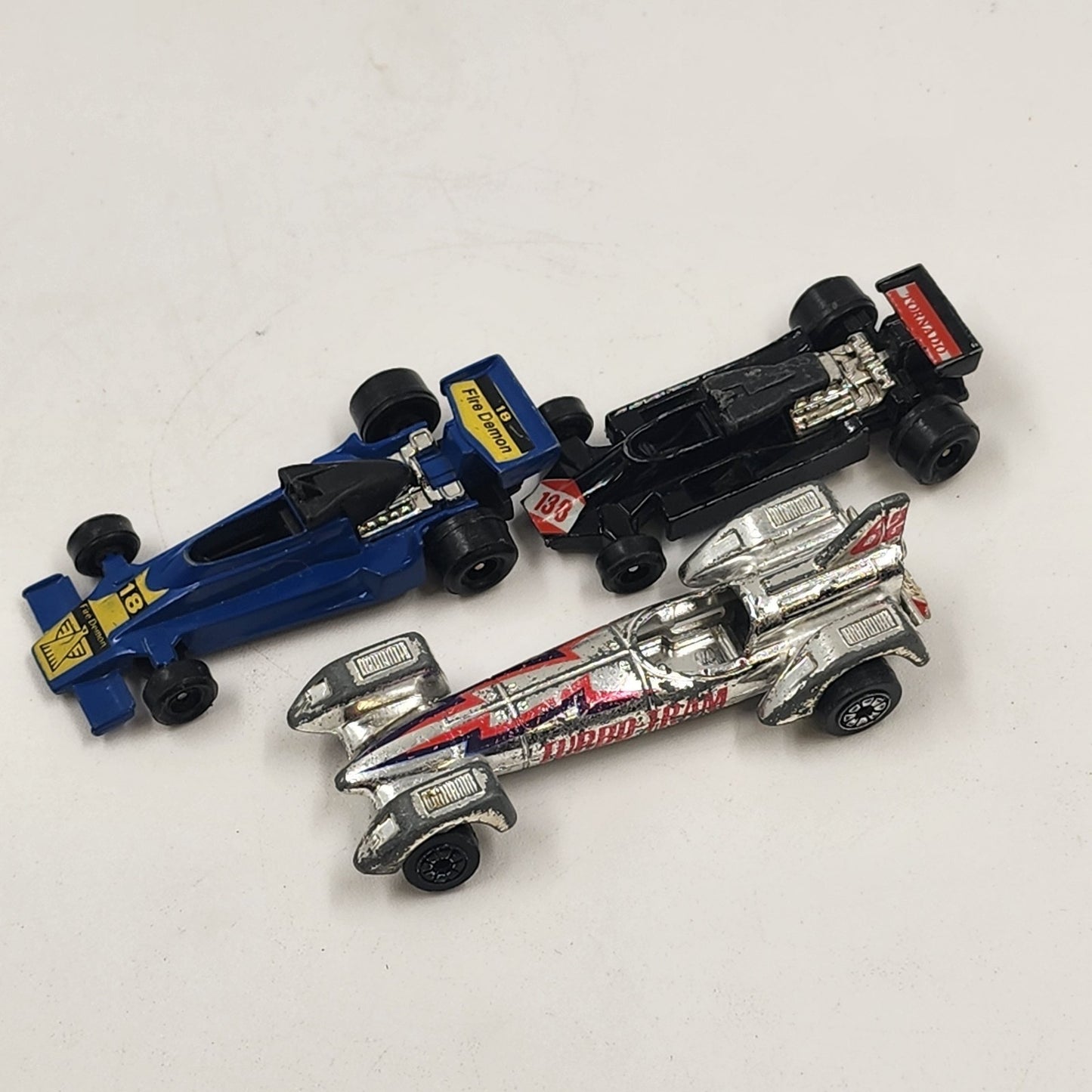 3 Hot Wheels Silver Turbo Tram Blue Fire Demon Black Tornado Diecast Race Cars