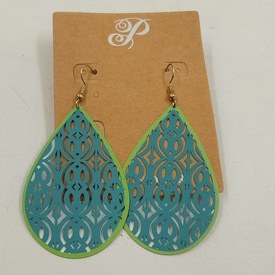 Plunder Turrquoise Green Teardrop Shaped Filagree Hook Drop/Dangle Earrings 3"