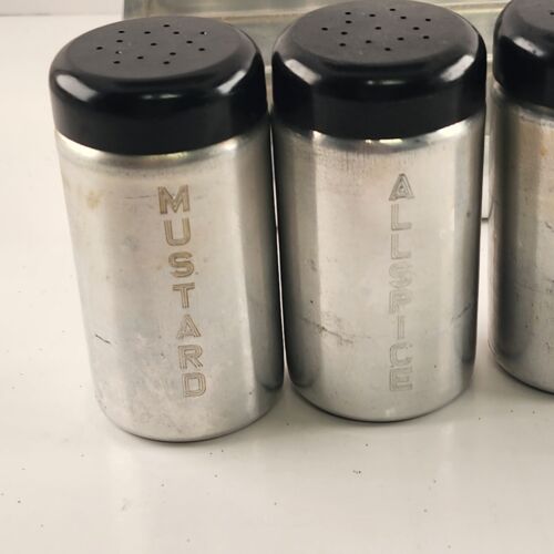 Spun Aluminum Salt Pepper 8 Named Spices and Rack Black Bakelite Lids W Germany