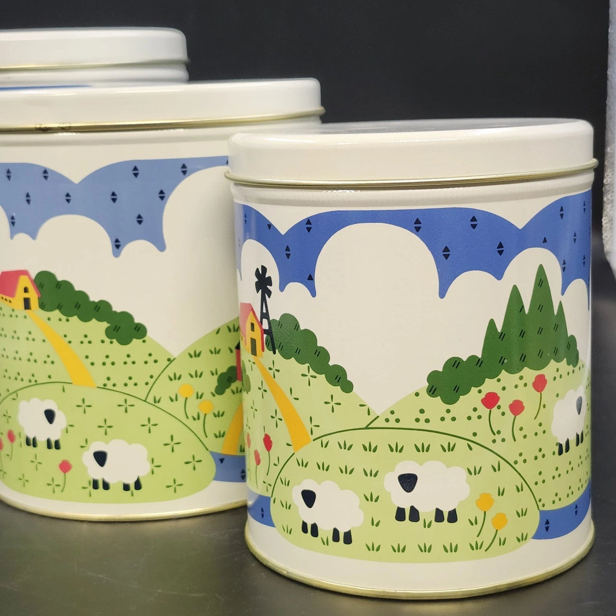 Nina Farm Scene Sheep Tin Canister Set 3 Metal Kitchen Storage Nesting 1982