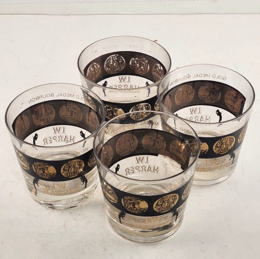 4 LW Harper Gold Medal Bourbon Rocks Glasses Black Gold Vintage Mid Century