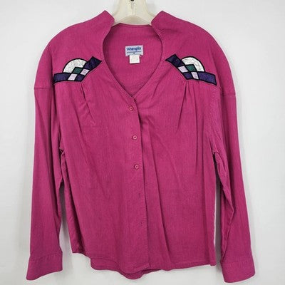 Wrangler Women’s Medium Pink Western Blouse Button Front Applique 90s Cowgirl Rodeo Shirt