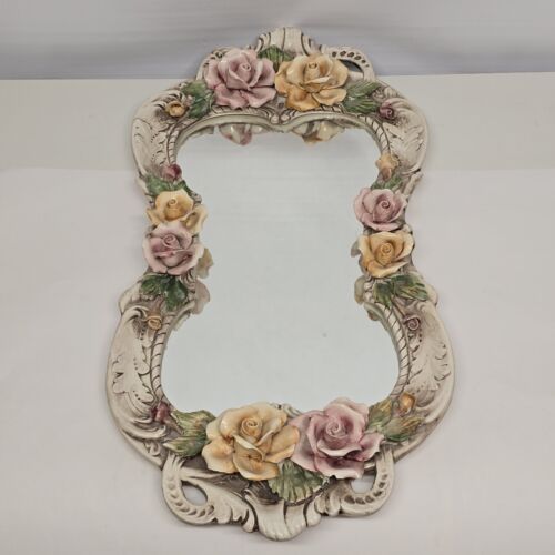 Large Capodimonte Porcelain Mirror Dresser Vanity Tray Roses Hour Glass Shape