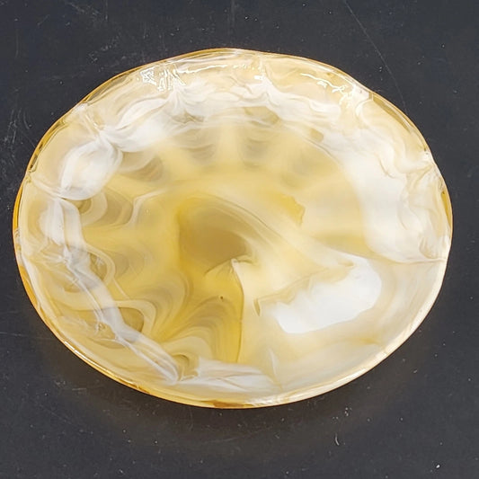 Vintage caramel slag glass plate with marbled swirl and scalloped rim