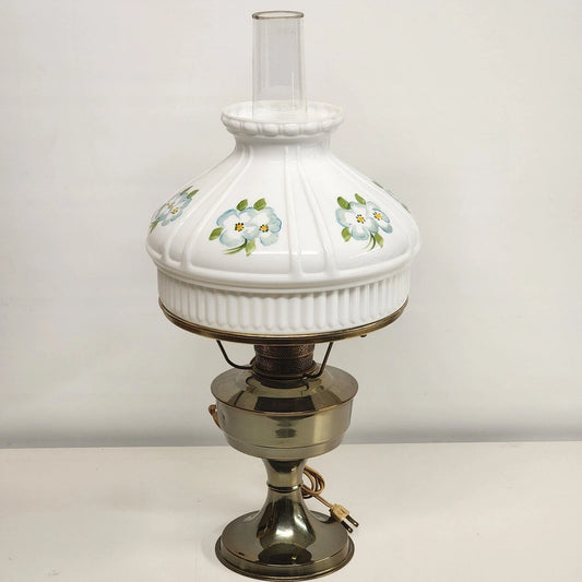 Aladdin kerosene electric mantle lamp with solid brass base and Crystal Dogwood glass shade