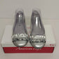 Silver metallic American Eagle Cora ballet flat sandals with ruffled trim