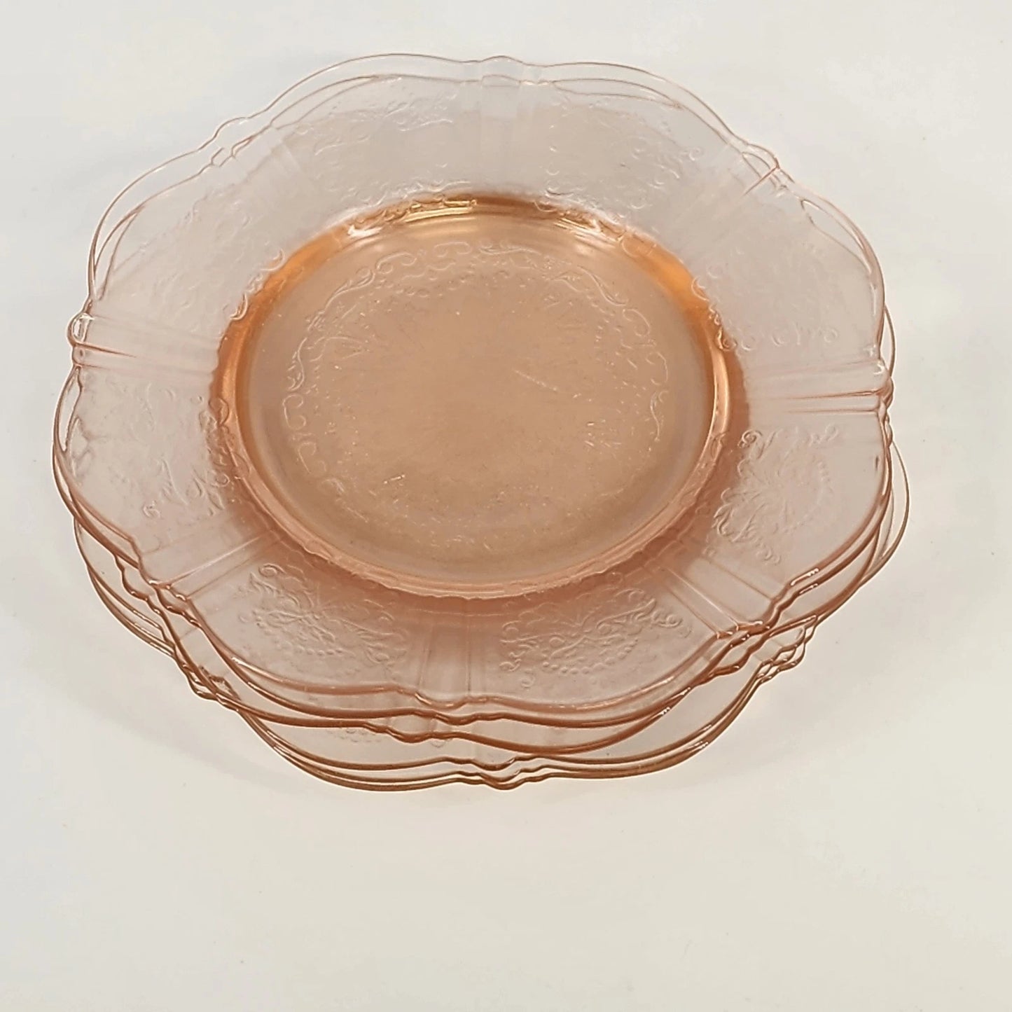 Set of pink American Sweetheart depression glass bread plates