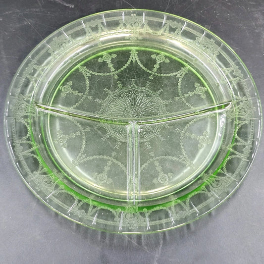 Vintage green Cameo Ballerina glass plate with three compartments and floral swag detailing.