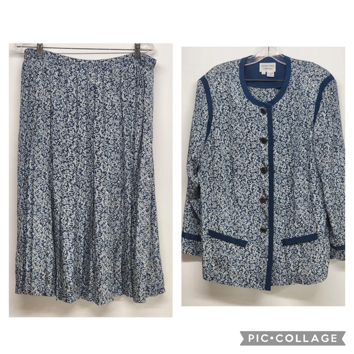 Blue and white two piece skirt suit set with gold buttons