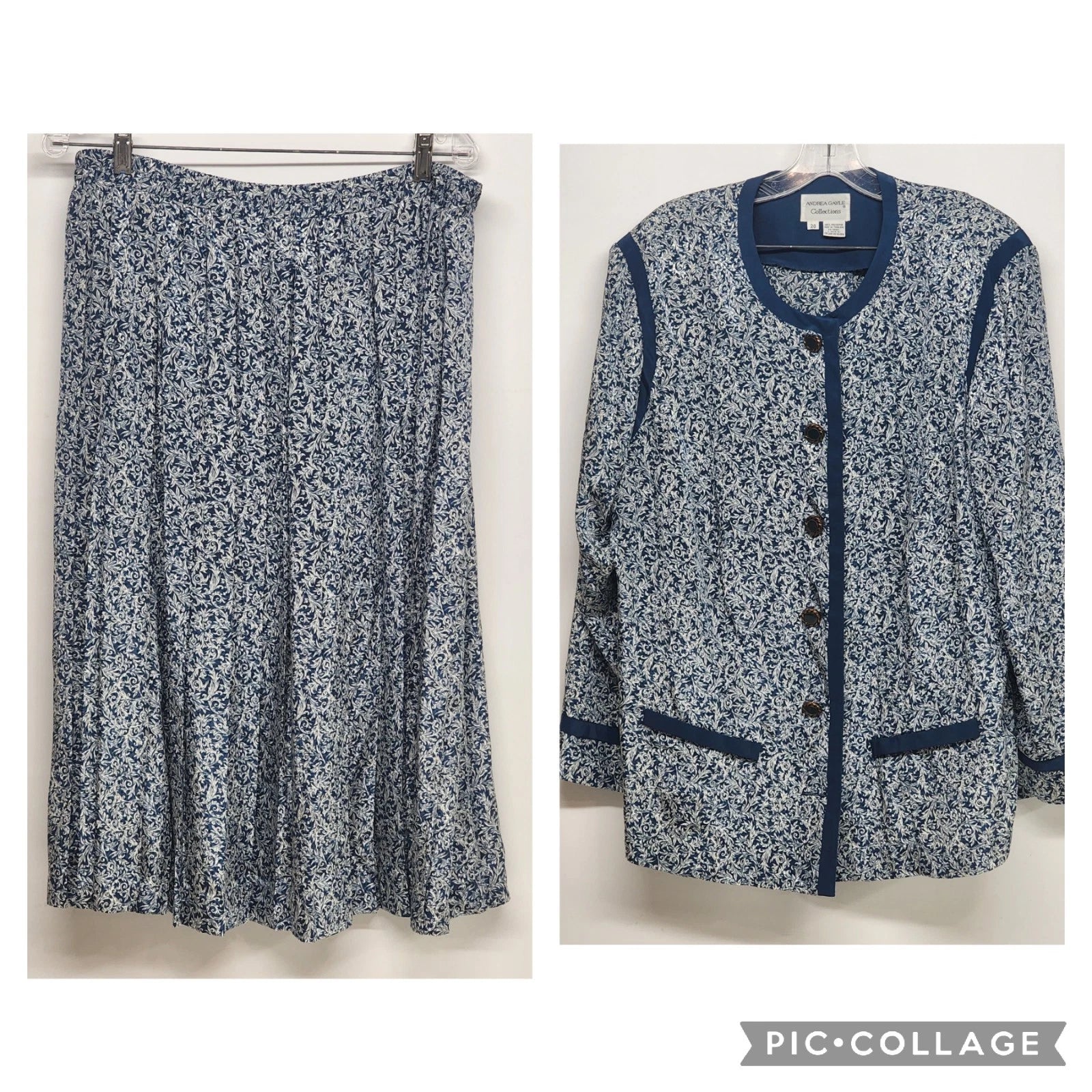 Blue and white two piece skirt suit set with gold buttons