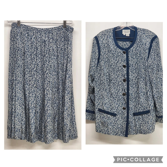 Blue and white two piece skirt suit set with gold buttons