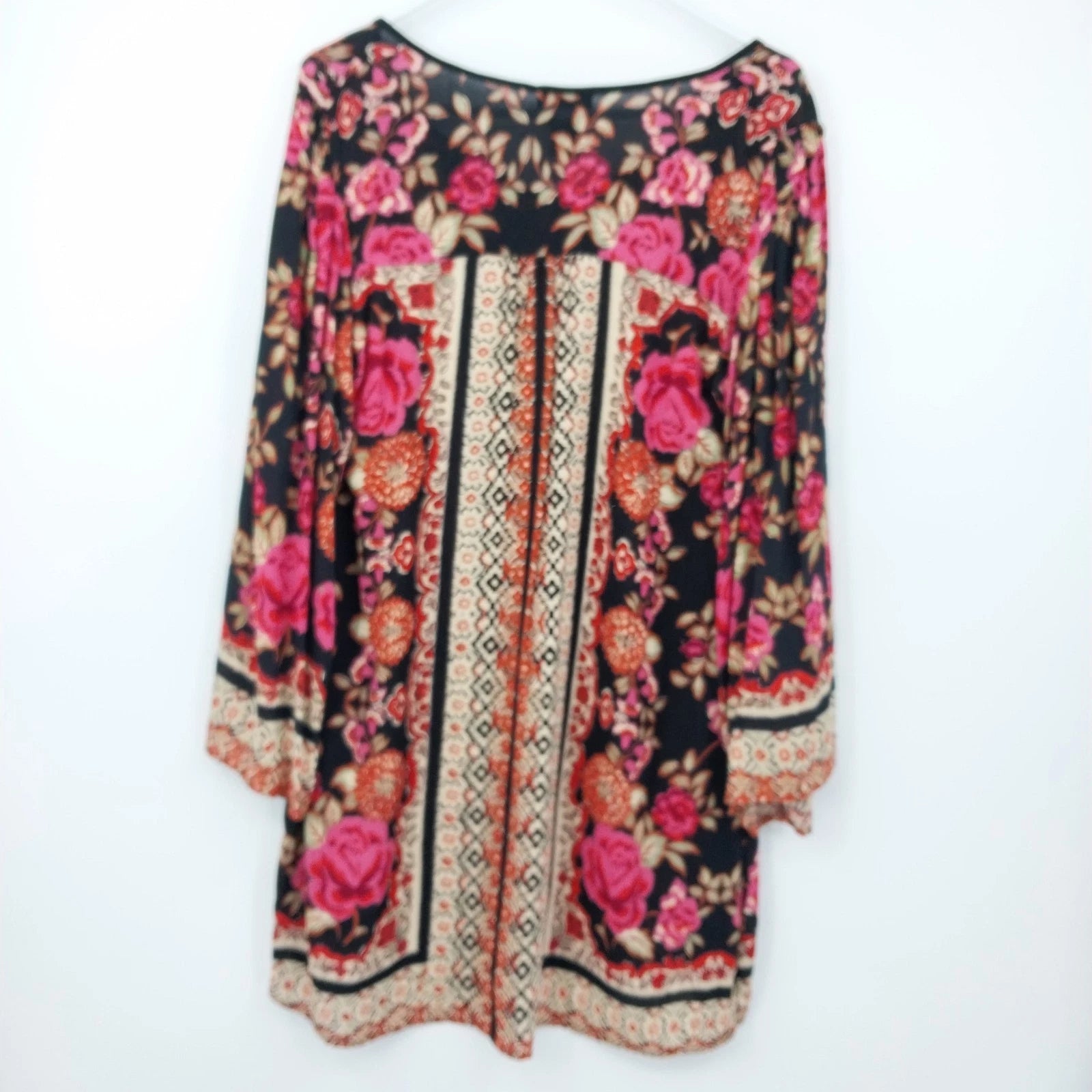 Black Angie boho tunic top with pink rose floral print