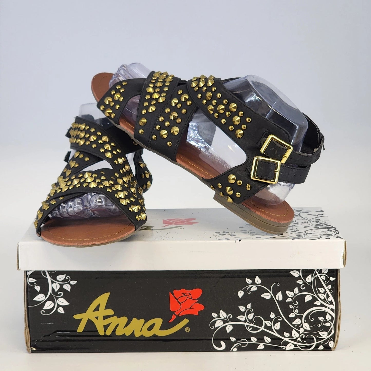 Black Anna CUTSY-4 ankle strap sandals with gold stud embellishments