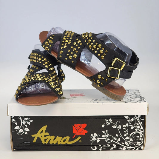 Black Anna CUTSY-4 ankle strap sandals with gold stud embellishments