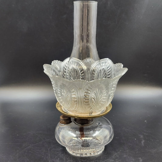 Antique clear pressed glass kerosene oil lamp with chimney and shade