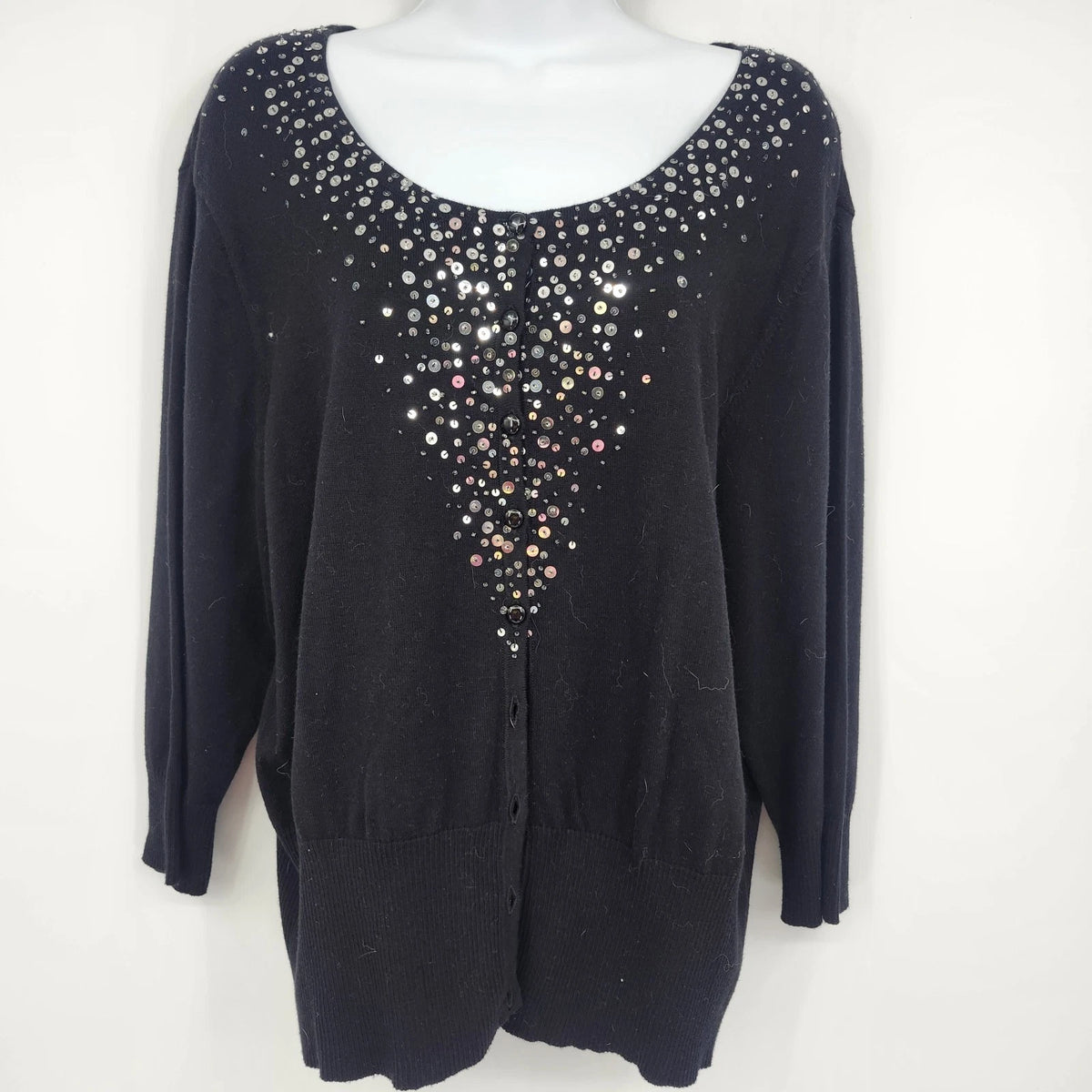Apt. 9 women's XL black knit cardigan sweater with sparkling sequin embellishments around the scoop neckline and upper front, button closure, and long sleeves.