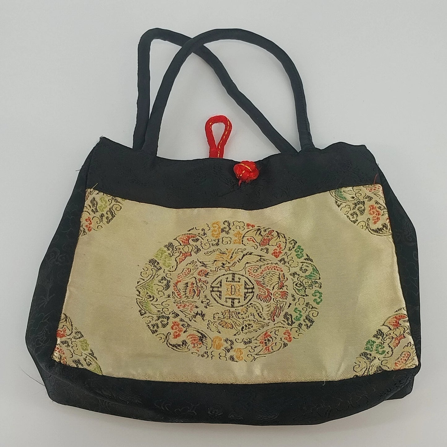 Asian style black and gold silk brocade tote bag
