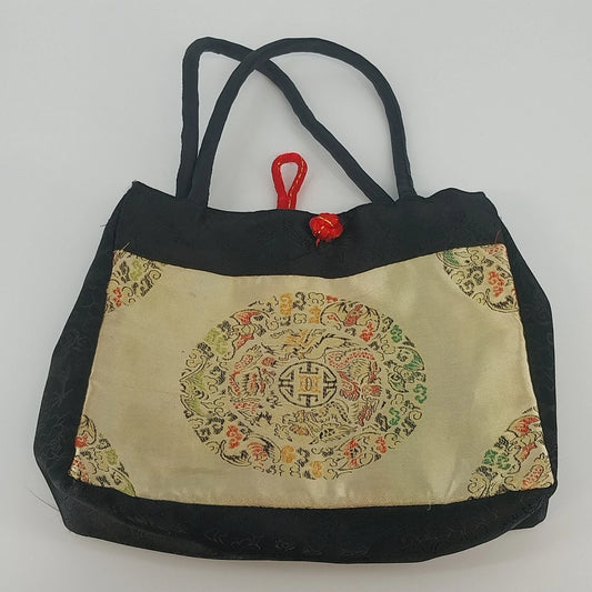 Asian style black and gold silk brocade tote bag