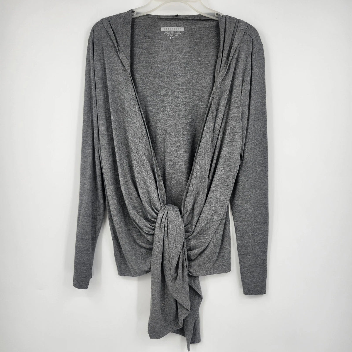 Women's gray knit cardigan with draped front and waist tie closure