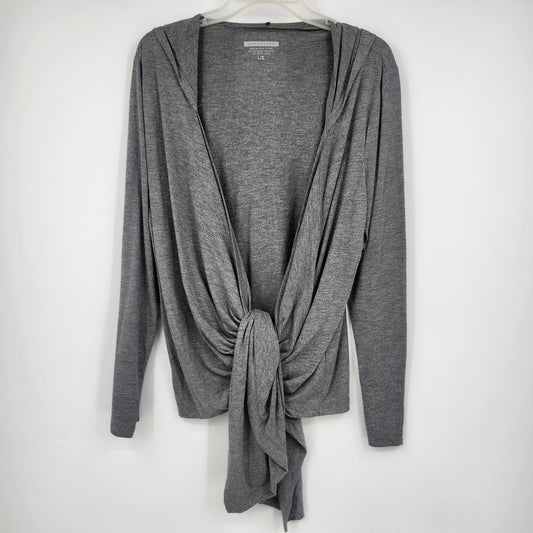 Women's gray knit cardigan with draped front and waist tie closure