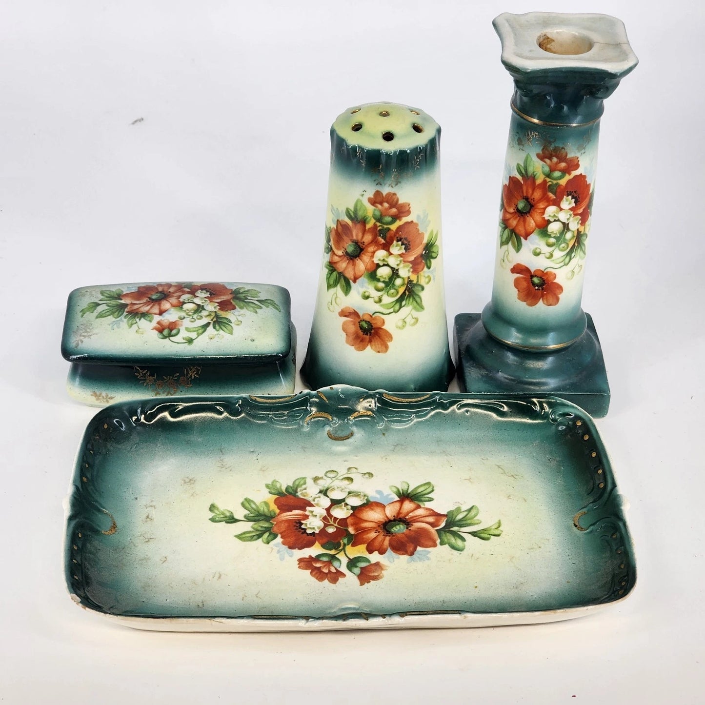 Antique Austrian porcelain dresser set with green lustre glaze and orange floral hand painted design