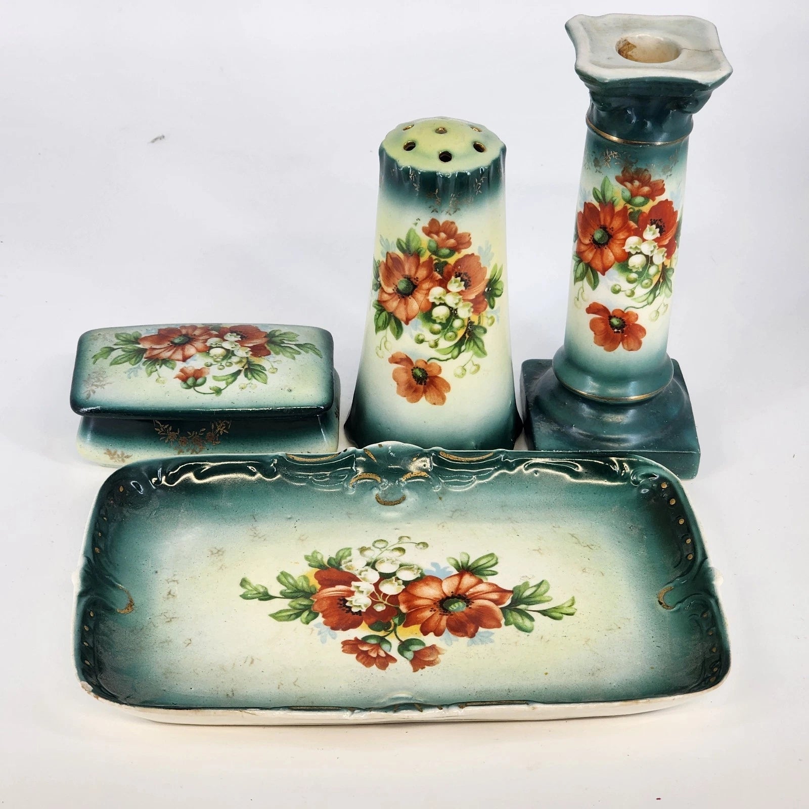Antique Austrian porcelain dresser set with green lustre glaze and orange floral hand painted design