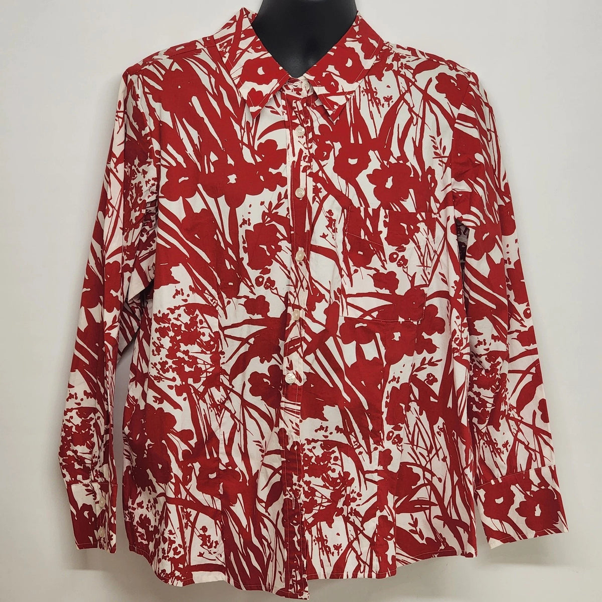 Avenue plus size red and white tropical floral button front shirt