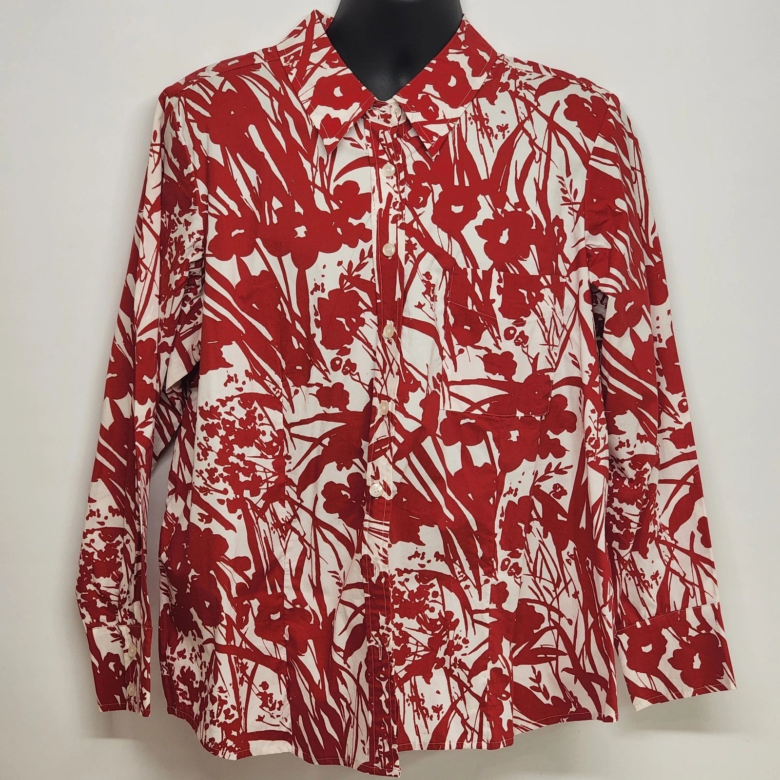 Avenue plus size red and white tropical floral button front shirt