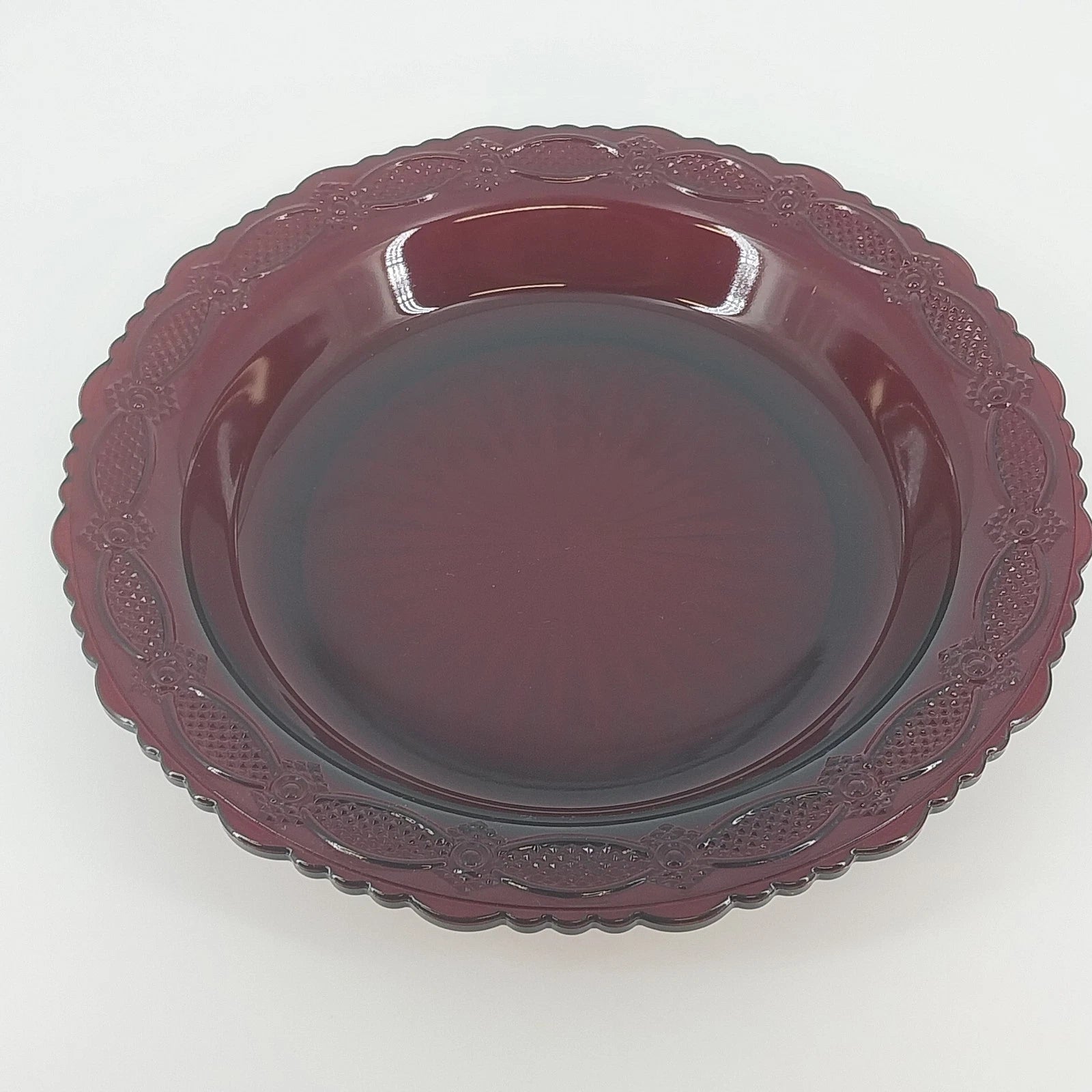 Avon Cape Cod ruby red glass pie plate with scalloped edge