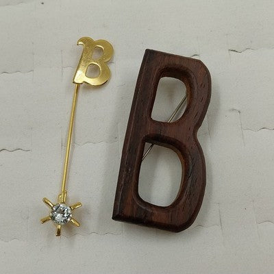 Set of B initial pins with gold tone rhinestone and wooden brooch