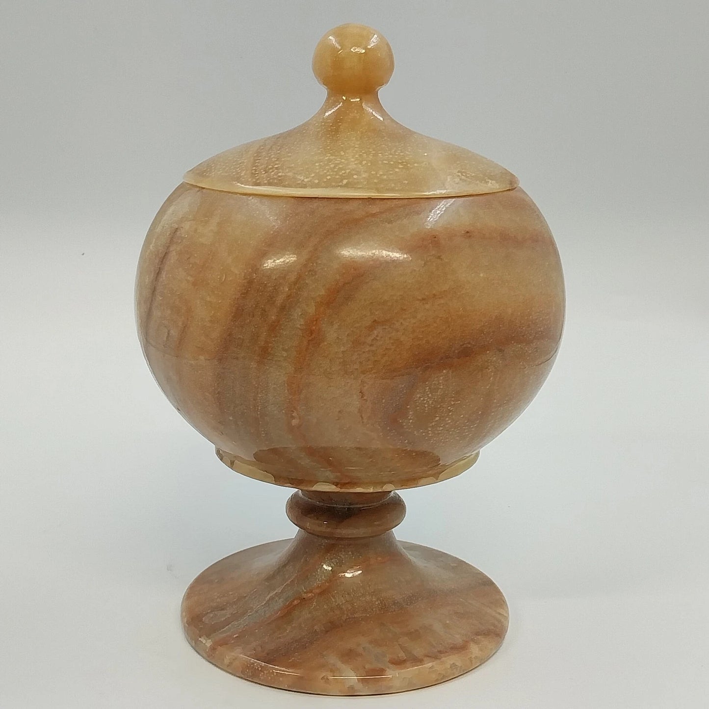 Banded onyx stone lidded pedestal jar cream brown