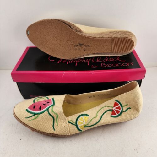 Vintage Beacon yellow canvas wedge slip on shoes with watermelon design