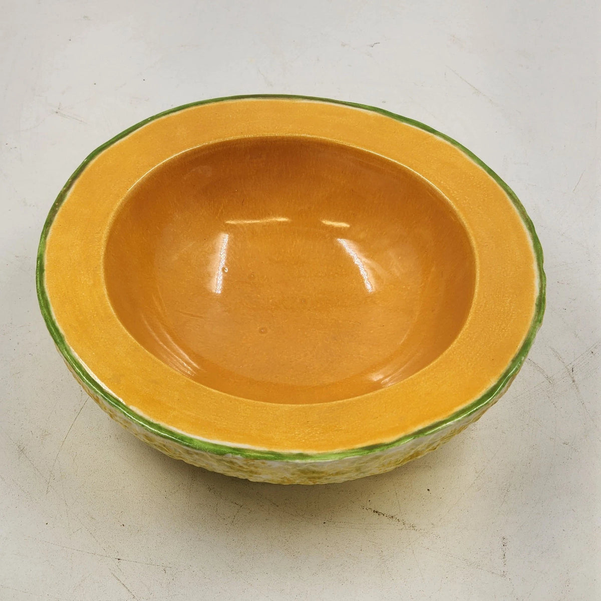 Vintage glazed ceramic cantaloupe bowl signed Becky B 1972