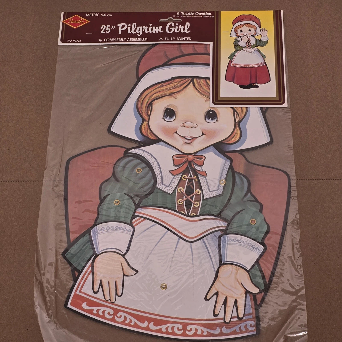 Vintage Beistle Pilgrim Girl jointed die cut Thanksgiving decoration from 1986